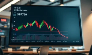 US Dollar Index chart showing decline toward 97.50 support level on trading screen