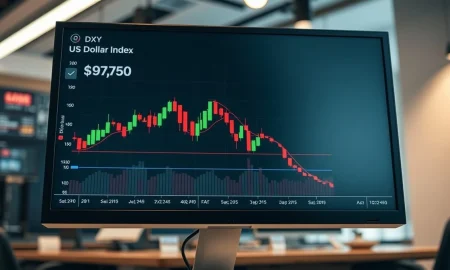 US Dollar Index chart showing decline toward 97.50 support level on trading screen