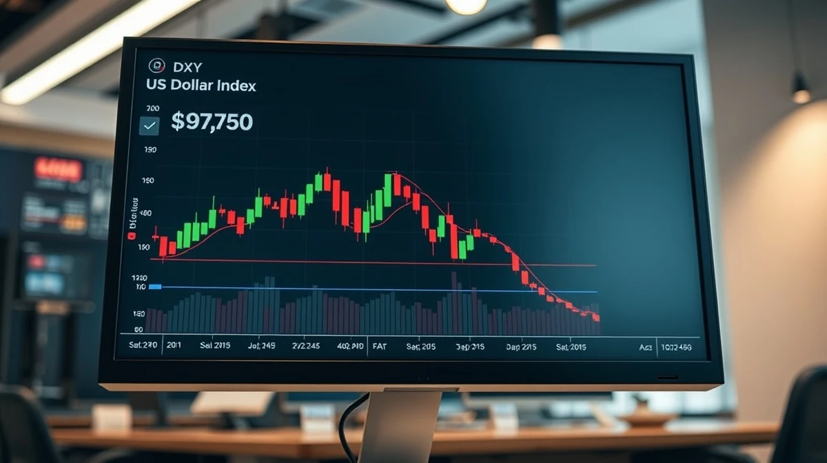US Dollar Index chart showing decline toward 97.50 support level on trading screen