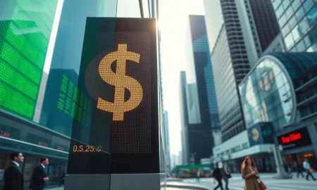 Digital US Dollar currency board in financial district showing rising exchange rates