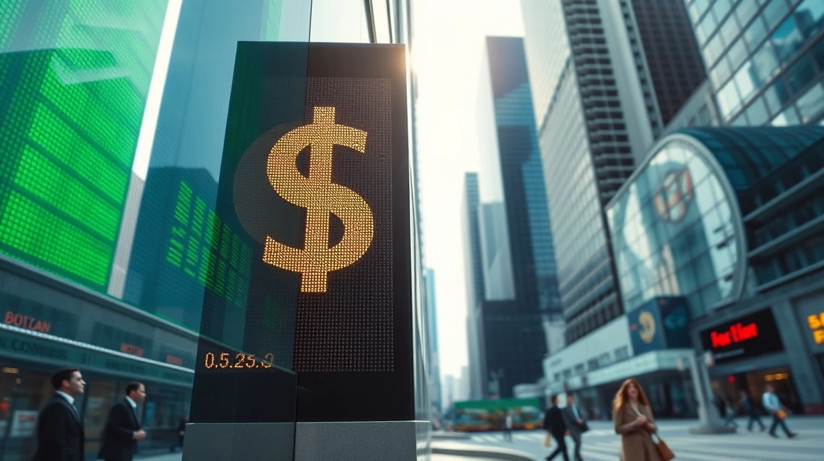 Digital US Dollar currency board in financial district showing rising exchange rates