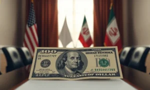 US dollar banknote in foreground with blurred US and Iranian flags in background during peace talks