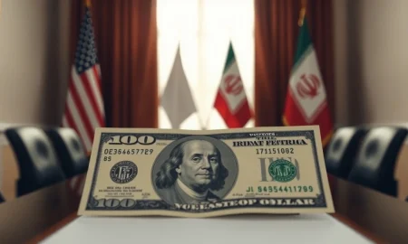 US dollar banknote in foreground with blurred US and Iranian flags in background during peace talks