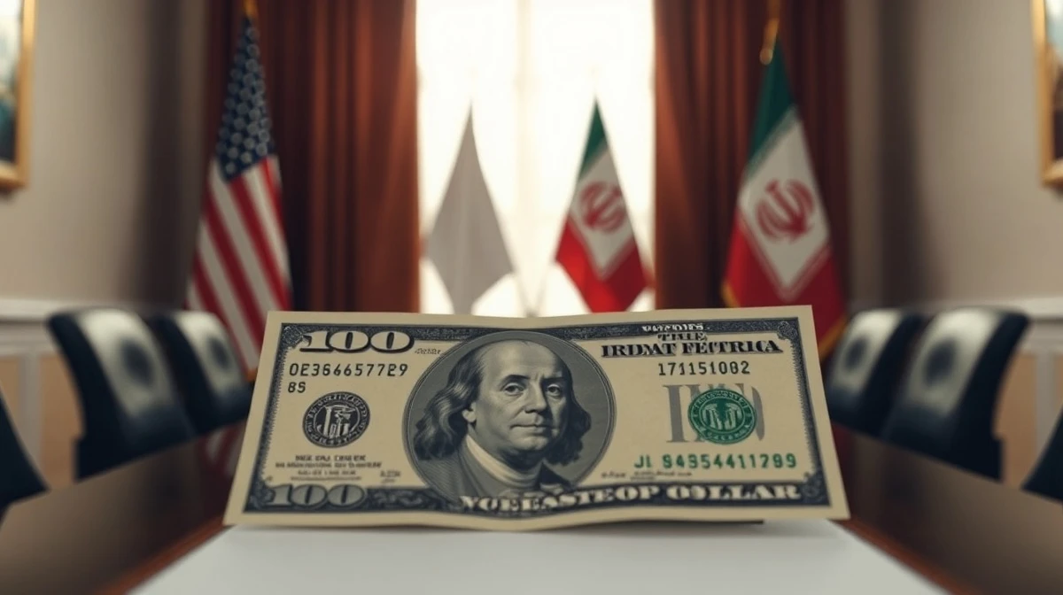 US dollar banknote in foreground with blurred US and Iranian flags in background during peace talks