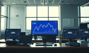 Trader monitoring US Dollar index chart on screen with CPI and Fed event calendar