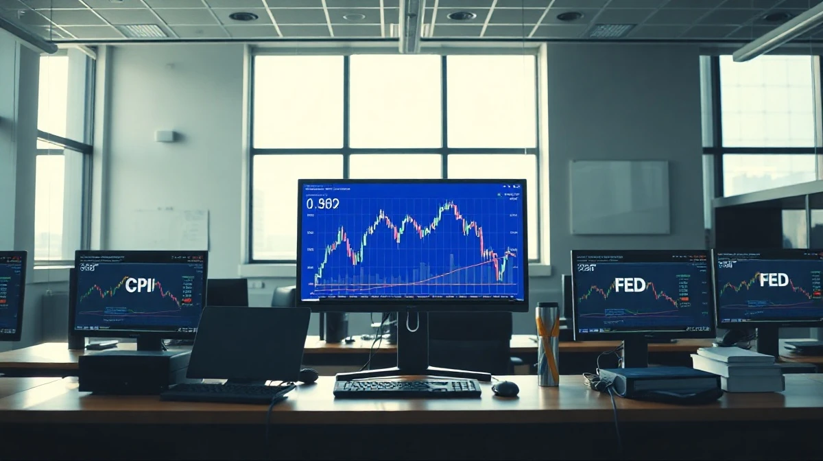 Trader monitoring US Dollar index chart on screen with CPI and Fed event calendar