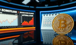 U.S. economic charts and calendar with a Bitcoin coin on a desk in a dimly lit news studio