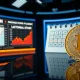 U.S. economic charts and calendar with a Bitcoin coin on a desk in a dimly lit news studio