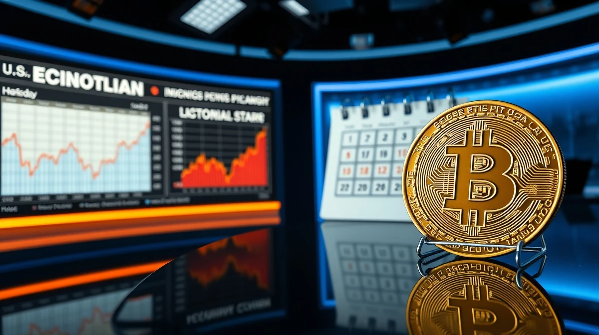 U.S. economic charts and calendar with a Bitcoin coin on a desk in a dimly lit news studio
