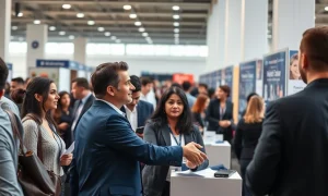 Job fair in a US convention center with recruiters and job seekers networking