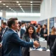 Job fair in a US convention center with recruiters and job seekers networking