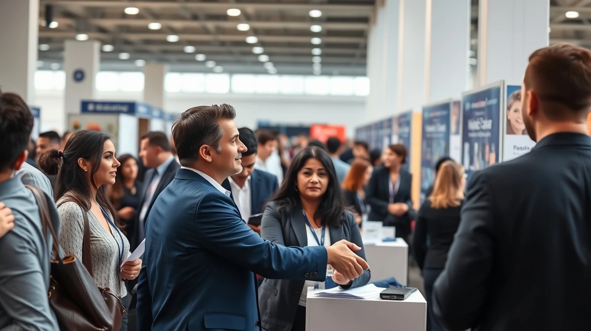 Job fair in a US convention center with recruiters and job seekers networking