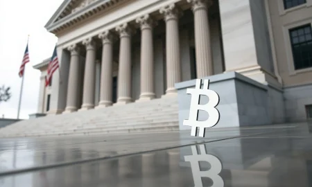 U.S. Treasury building with subtle Bitcoin reflection symbolizing macro impact on crypto markets
