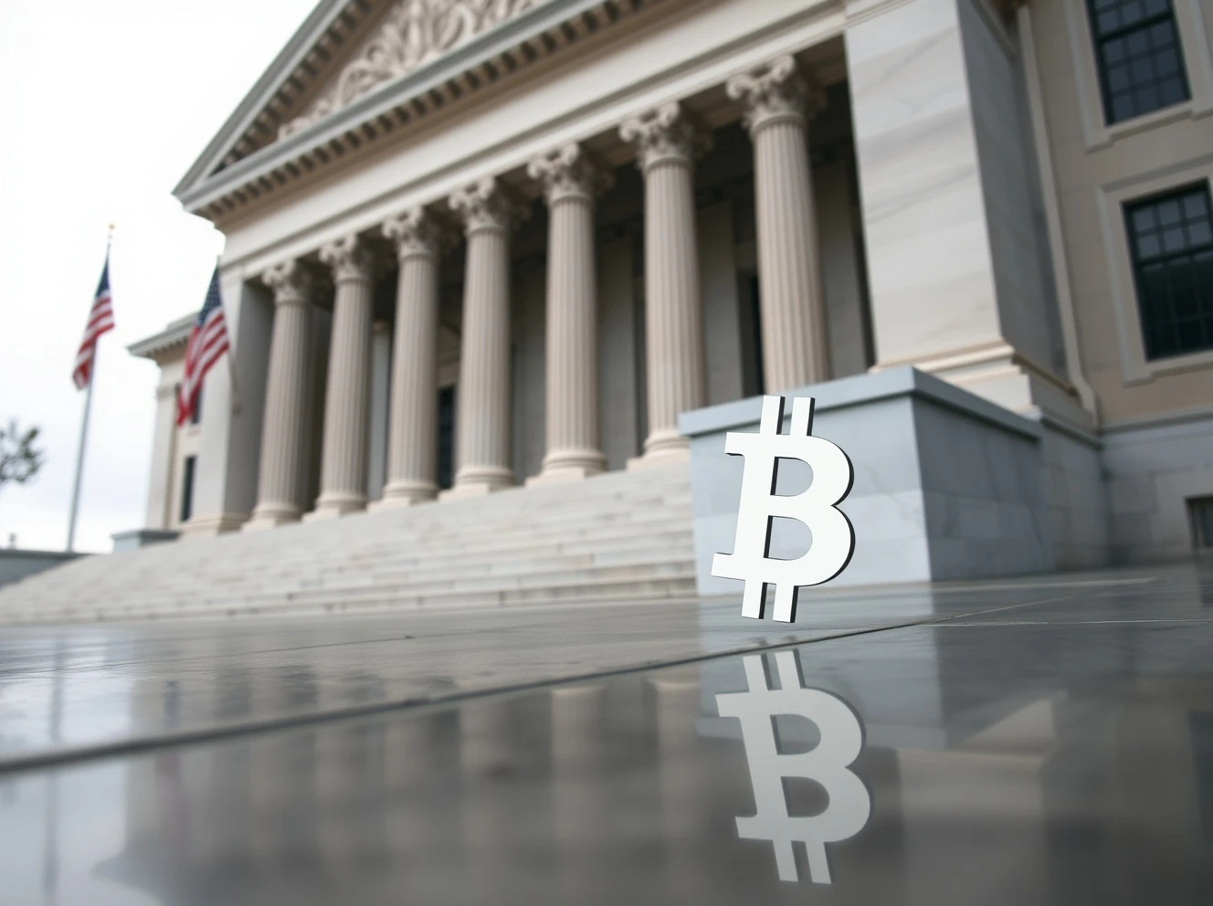 U.S. Treasury building with subtle Bitcoin reflection symbolizing macro impact on crypto markets