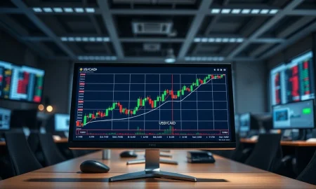 Trading screen showing USD/CAD chart with upward trend after Canadian jobs data miss