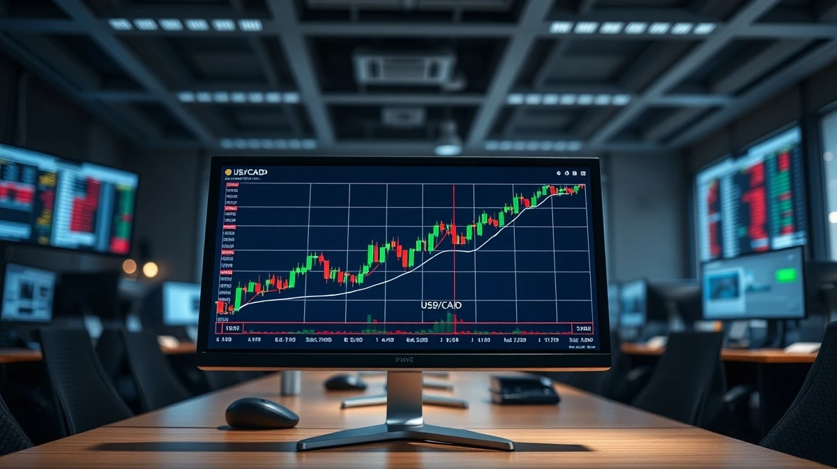 Trading screen showing USD/CAD chart with upward trend after Canadian jobs data miss
