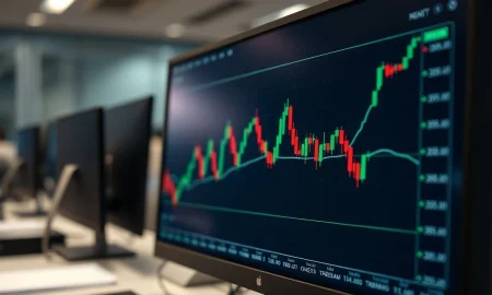 USD/CAD forex chart showing tight trading range on a monitor in a trading office
