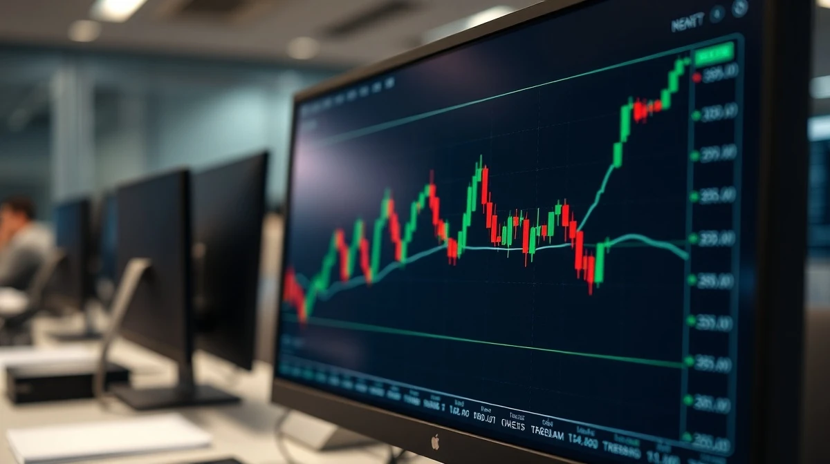 USD/CAD forex chart showing tight trading range on a monitor in a trading office