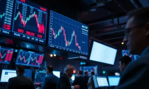 Forex trading monitors showing USD/CHF exchange rate decline on a trading floor