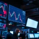 Forex trading monitors showing USD/CHF exchange rate decline on a trading floor