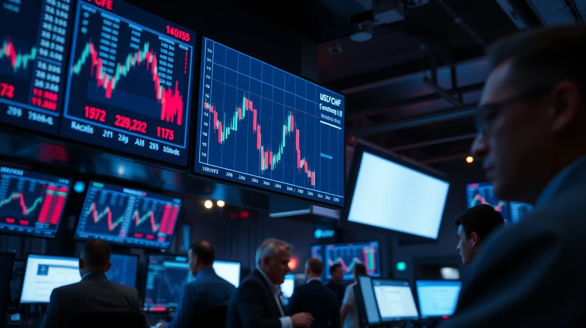 Forex trading monitors showing USD/CHF exchange rate decline on a trading floor
