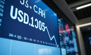 Digital trading screen showing USD/CNH exchange rate with downward trend