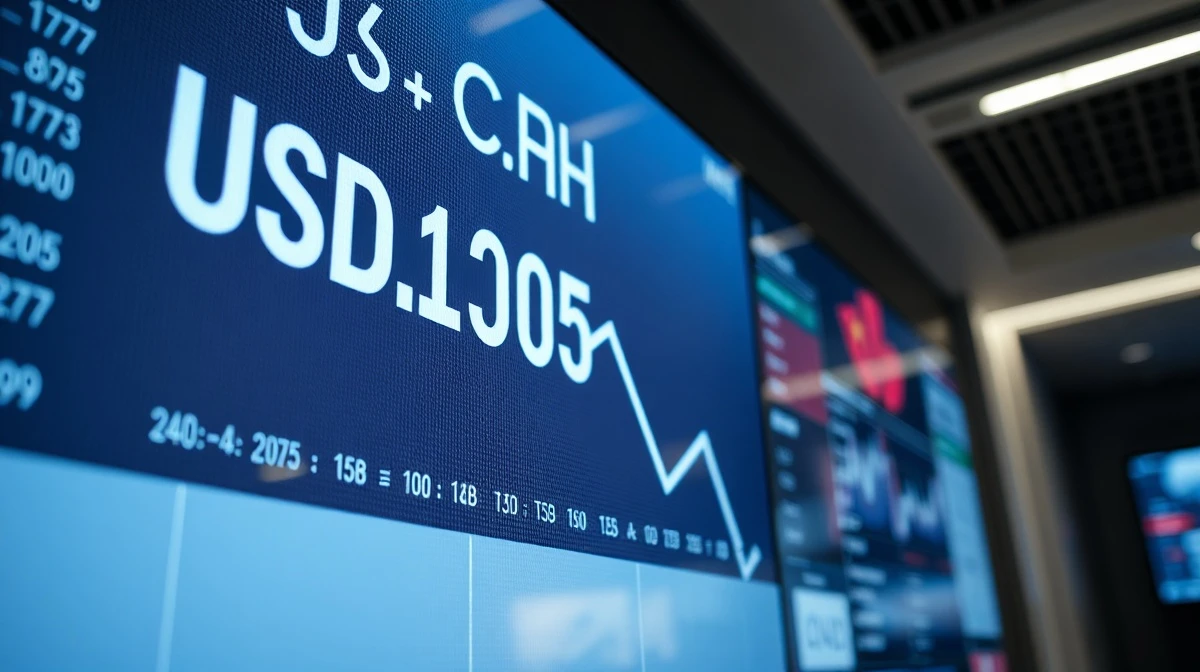 Digital trading screen showing USD/CNH exchange rate with downward trend