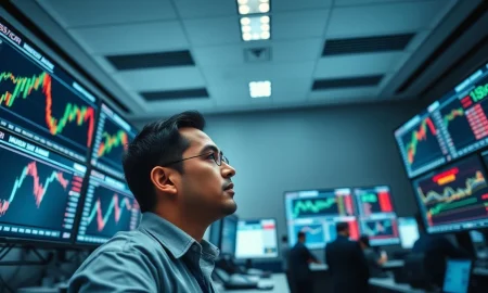 Trader analyzing USD/IDR forex charts on multiple monitors in a Jakarta trading room