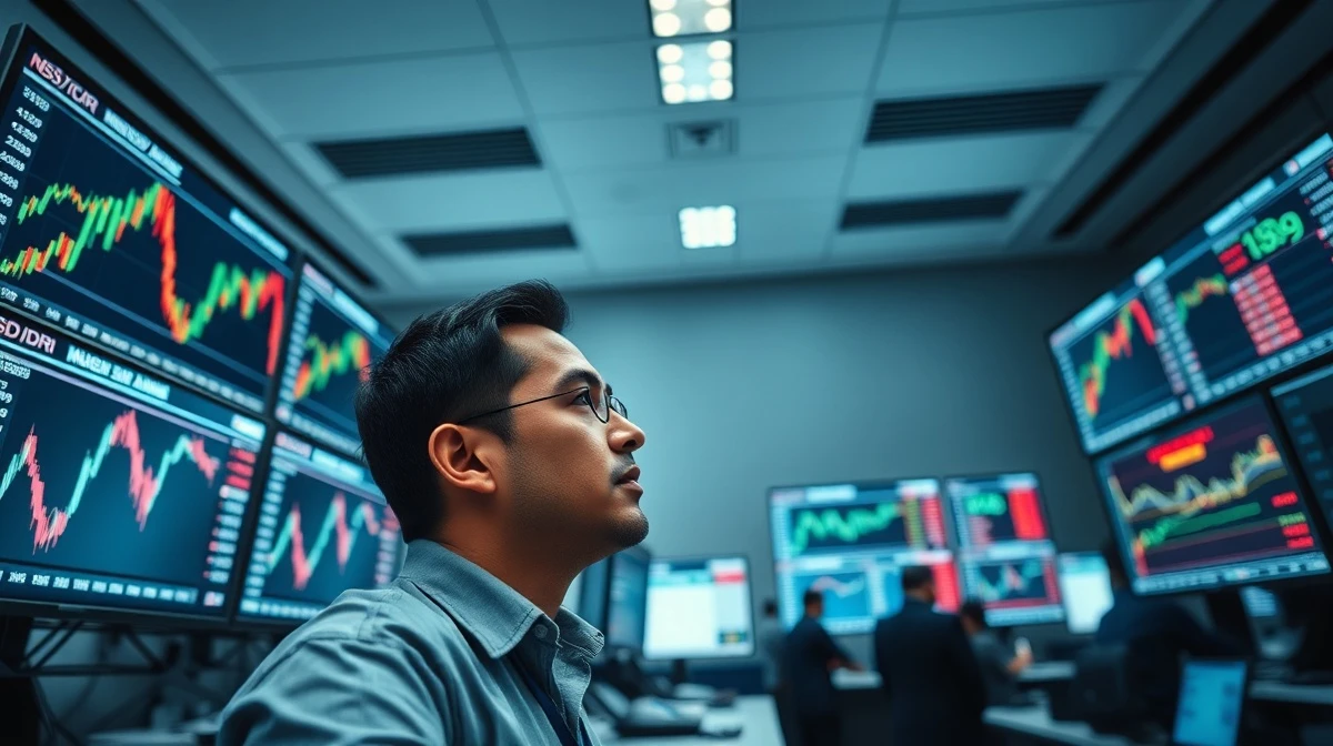 Trader analyzing USD/IDR forex charts on multiple monitors in a Jakarta trading room