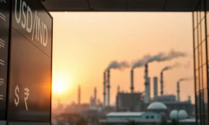 Currency exchange board showing USD/INR rate with a downward trend, with an oil refinery in the background.