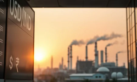 Currency exchange board showing USD/INR rate with a downward trend, with an oil refinery in the background.