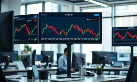 Forex trading desk with USD/INR chart showing decline amid falling oil prices