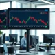 Forex trading desk with USD/INR chart showing decline amid falling oil prices