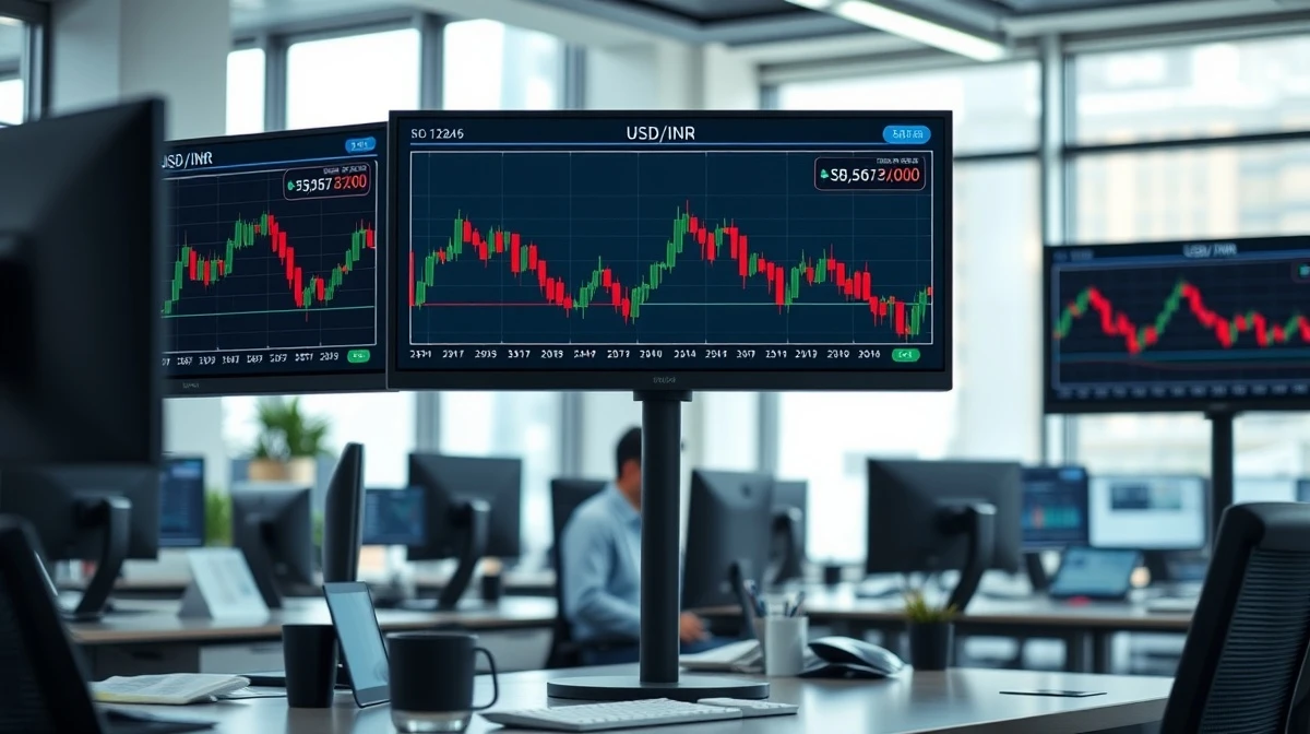 Forex trading desk with USD/INR chart showing decline amid falling oil prices