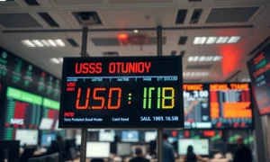 Digital trading screen showing USD/INR exchange rate with financial district background