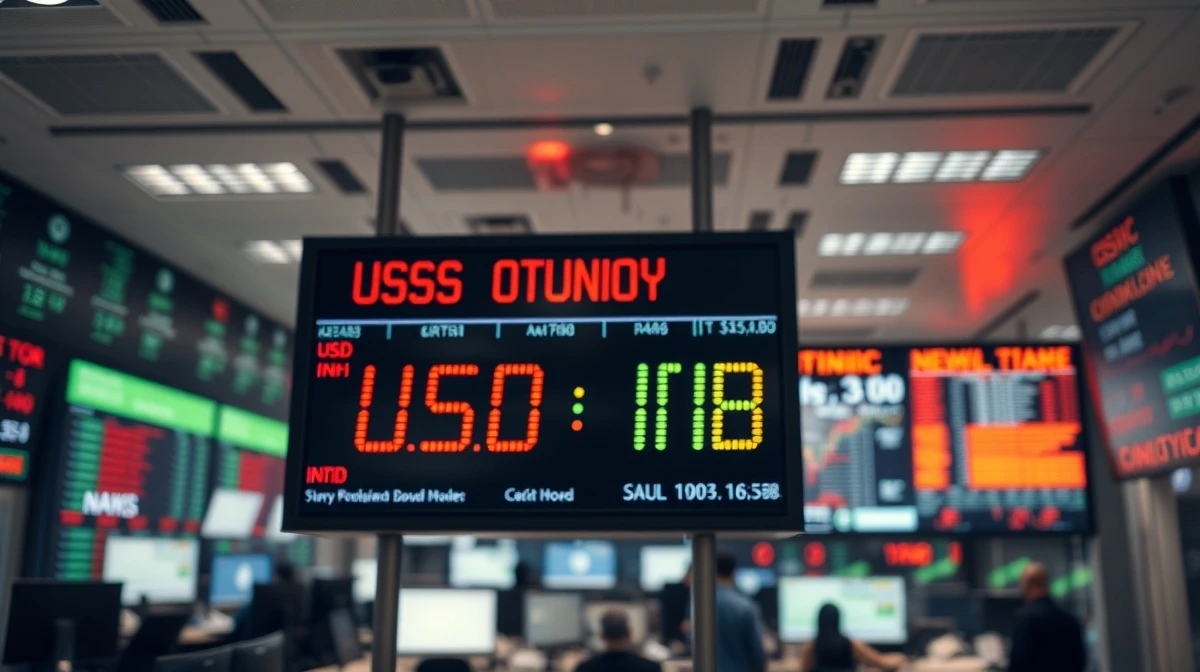 Digital trading screen showing USD/INR exchange rate with financial district background