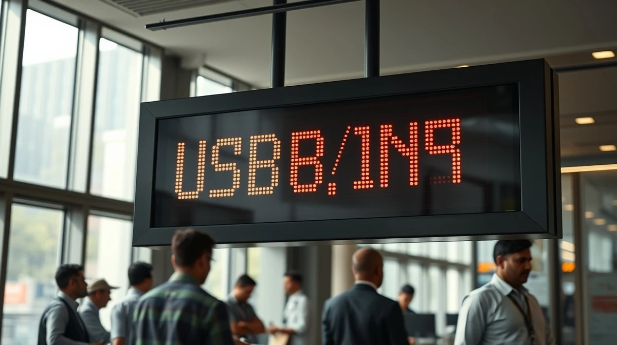 Digital forex board showing USD/INR exchange rate in a Mumbai currency exchange office