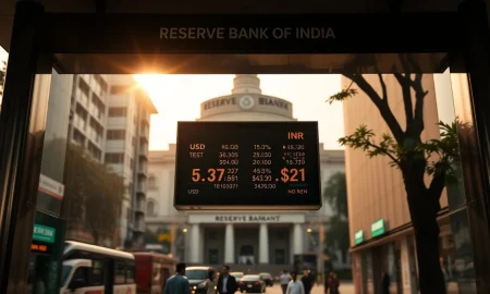 USD/INR exchange rate board in Mumbai with RBI building in background