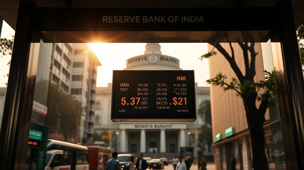 USD/INR exchange rate board in Mumbai with RBI building in background