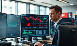 Financial trader monitors USD/JPY forex chart with 155 level highlighted on screen