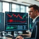 Financial trader monitors USD/JPY forex chart with 155 level highlighted on screen