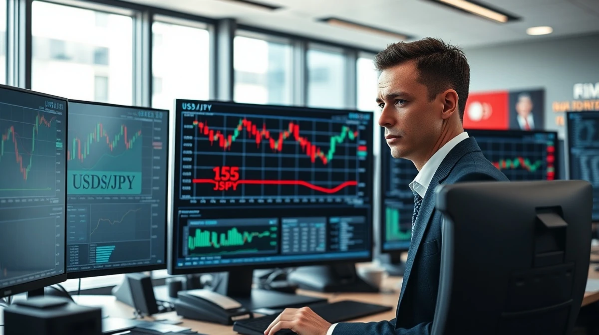 Financial trader monitors USD/JPY forex chart with 155 level highlighted on screen