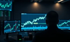Forex trading monitors showing USD/JPY chart approaching 158.00 level