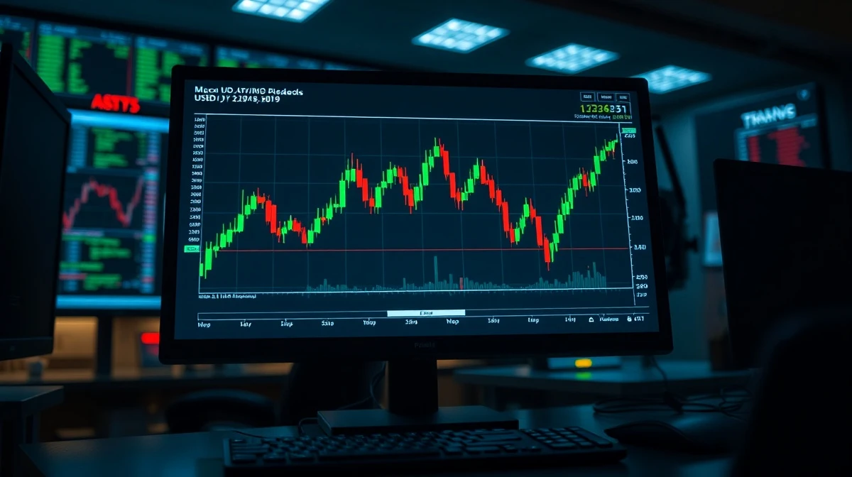 USD/JPY candlestick chart showing rebound on a trading monitor
