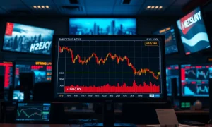 Financial screen showing USD/JPY chart declining amid Middle East geopolitical tensions