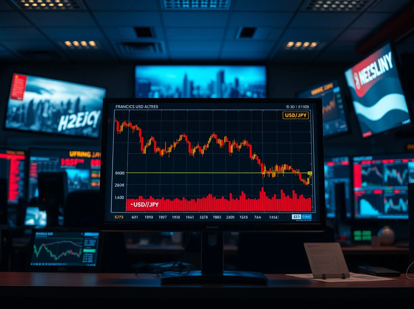 Financial screen showing USD/JPY chart declining amid Middle East geopolitical tensions
