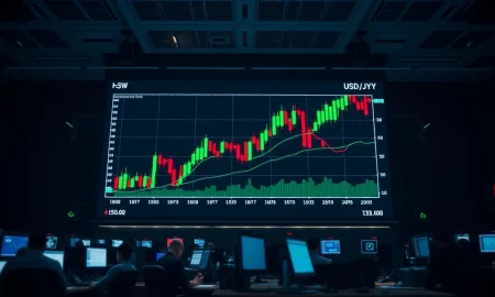 Digital forex trading board showing USD/JPY price chart in a professional trading environment