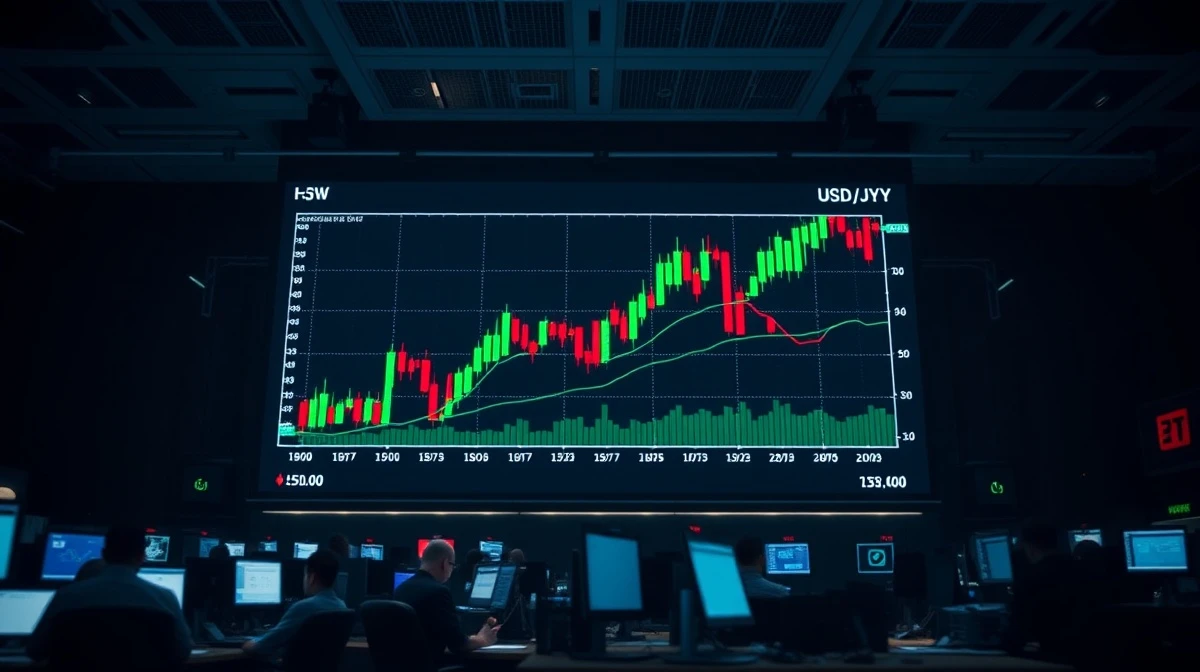 Digital forex trading board showing USD/JPY price chart in a professional trading environment