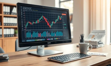 Financial analyst desk with USD/MXN chart on monitor and Banxico document