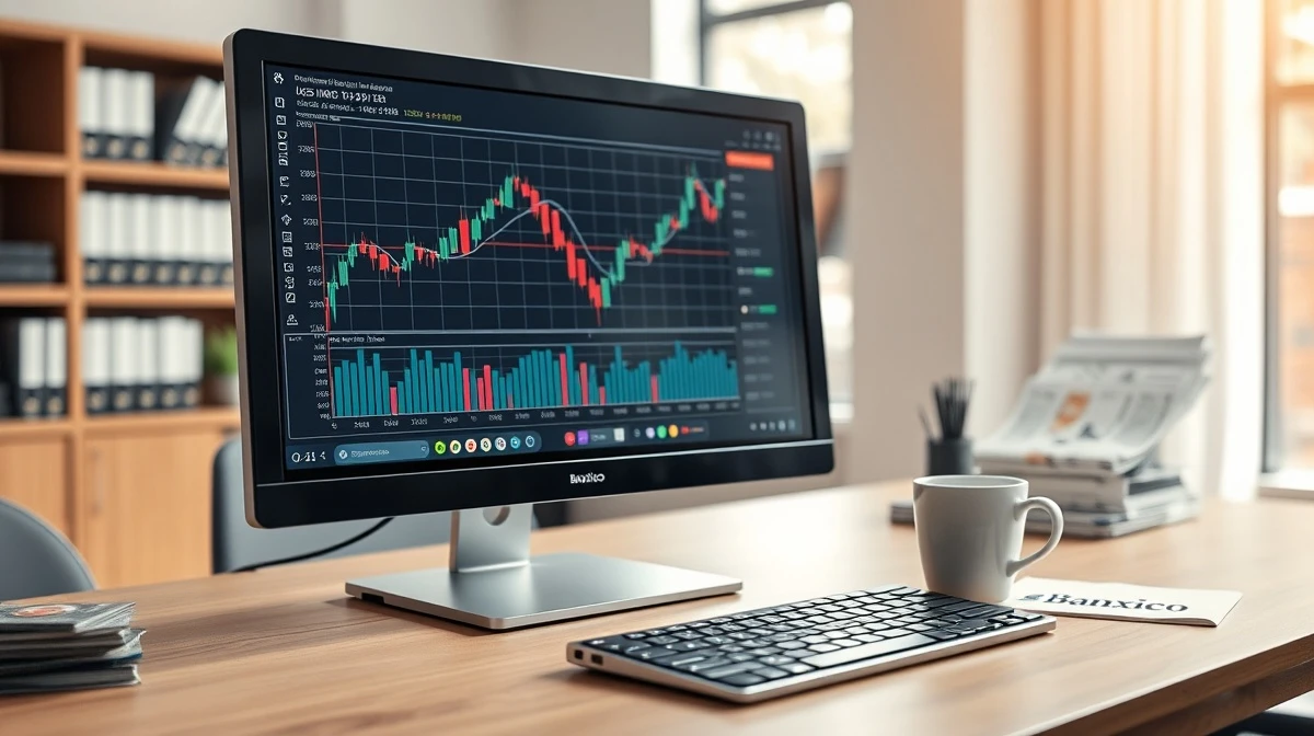 Financial analyst desk with USD/MXN chart on monitor and Banxico document